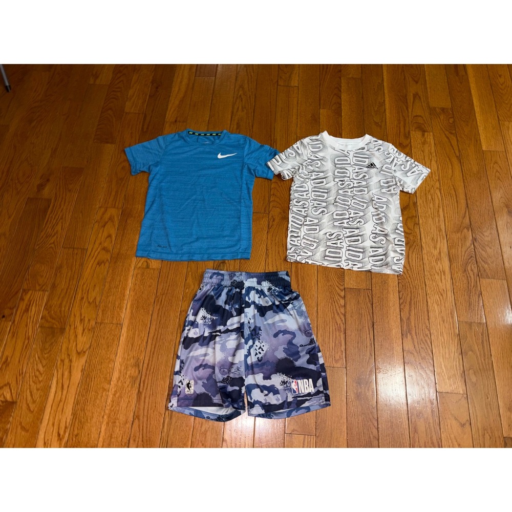 Bundle 3 Nike Adidas NBA Kids S Activewear Bundle Blue Camo Logo Shirts Shorts